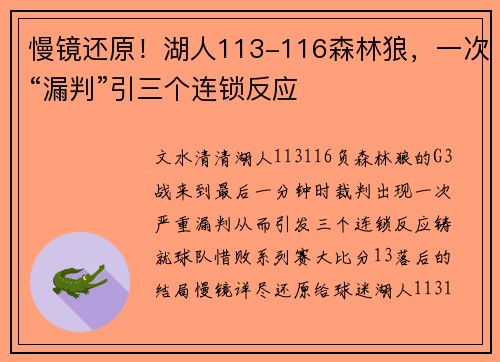 慢镜还原！湖人113-116森林狼，一次“漏判”引三个连锁反应